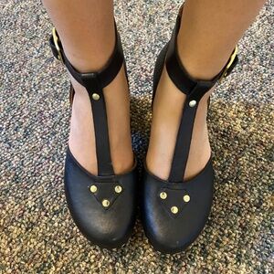 BEAN AN TI One of a Kind Custom Handmade Black Studded Leather Wooden Clog